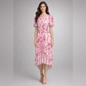 Abel the Label Pink Floral Smocked Waist Flutter Sleeve Dress – Size S